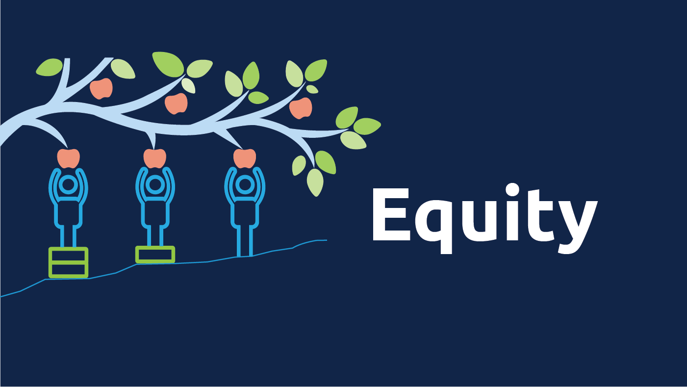 Illustration of equity: three people reaching for apples