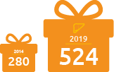 Gift boxes showing increase of living liver donors from 280 to 524 (between 2014 and 2019)
