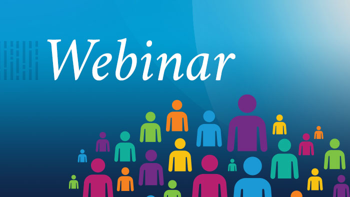 Webinar written on blue background with colorful icons for group of people