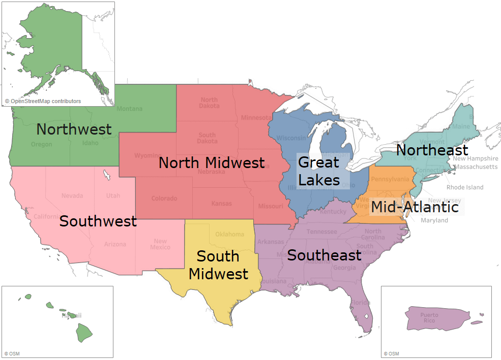 US divided into 8 regions