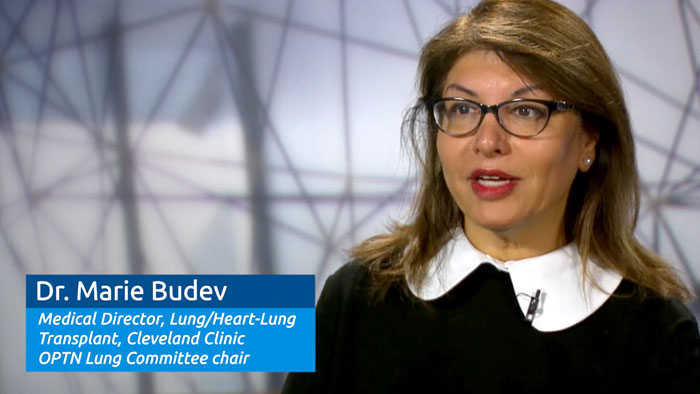 Dr. Marie Budev, OPTN Lung Transplantation Committee Chair, in studio with abstract background
