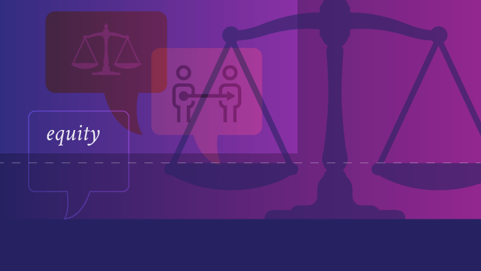 Purple background with illustration of balanced scale