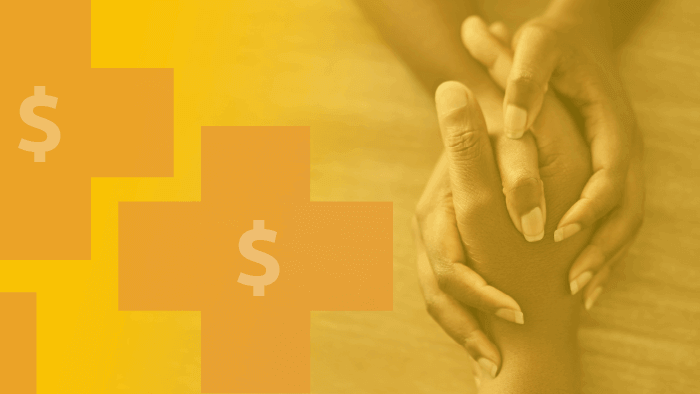 Support: holding hands with medical symbols and dollar signs