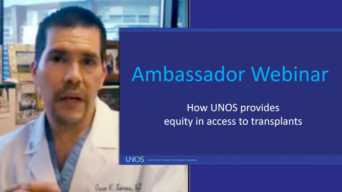 Oscar Serrano, M.D., a member of the Organ Procurement and Transplantation Network Minority Affairs Committee talking during the webinar