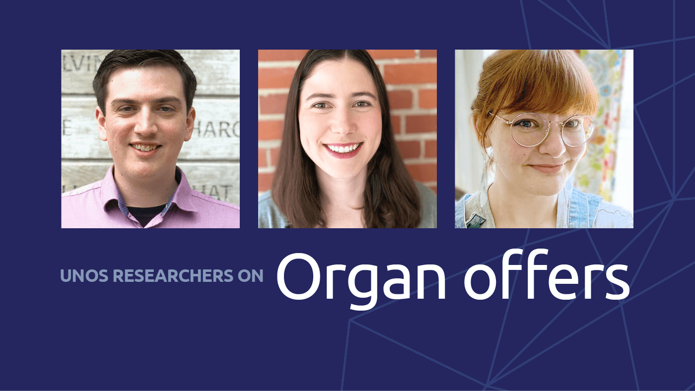 Photos of 3 UNOS researchers: Carlos Martinez, Alice Toll, and Rae Shean, on Organ offers