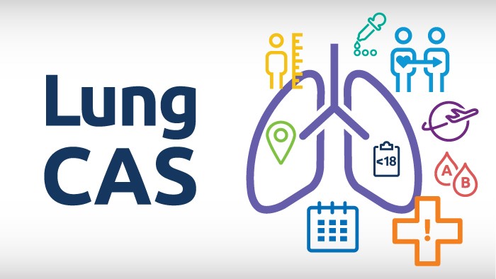 Lung CAS with colorful icons for lungs, calendar, travel, histocompatibility and other factors