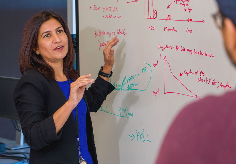 Presenting research UNOS employee discussing research in front of whiteboard