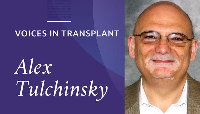 Alex Tulchinsky smiling with purple box containing text Voices in Transplant