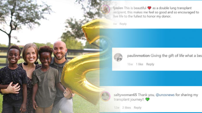 On left a photo of family smiling outside and hold a large balloon, on right are snippets from a conversation on social media