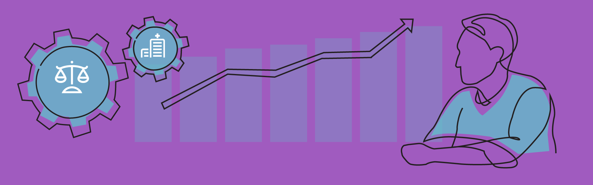 outline drawing of man over bar chart showing increase with balanced scales for equity