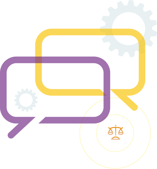 Discussion bubbles with icons of gears and balanced scales