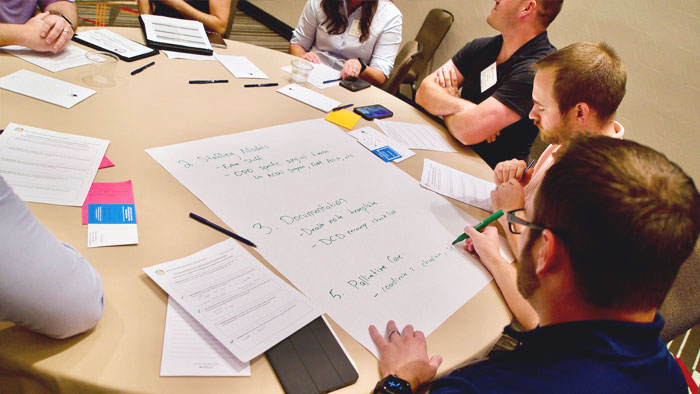 Workshop participants at table writing on large paper