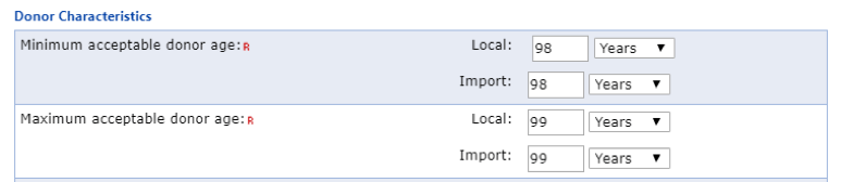 View of input fields for minimum and maximum acceptable donor age.