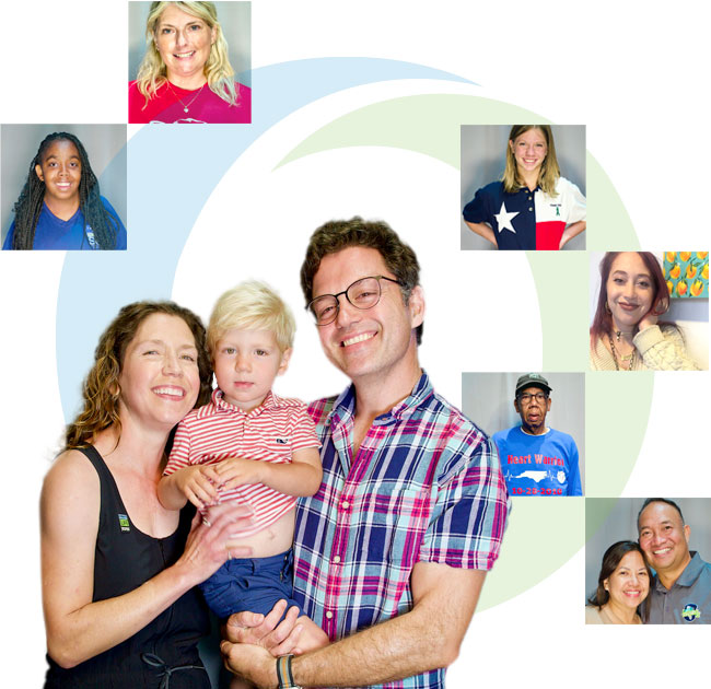 Lizzy, transplant recipient with family, and smaller inset photos of transplant recipients and donors