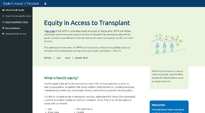 View of the equity in access to transplants dashboard