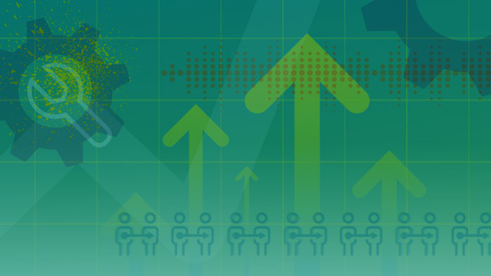 Illustration showing improvement with arrows pointing up and gears on graph paper