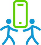 Two blue stick-figure people holding up a green mobile phone icon