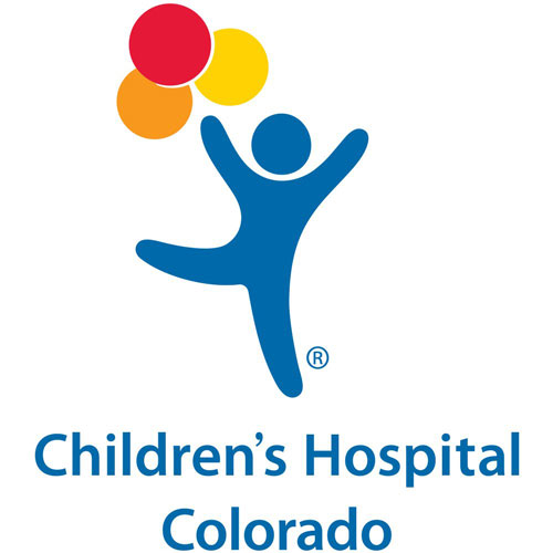 Blue human figure reaching up toward 3 brightly colored circles, logo for Children's Hospital Colorado