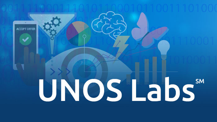 UNOS Labs over an illustration collage with an eye, charts, lightbulb and a funnel