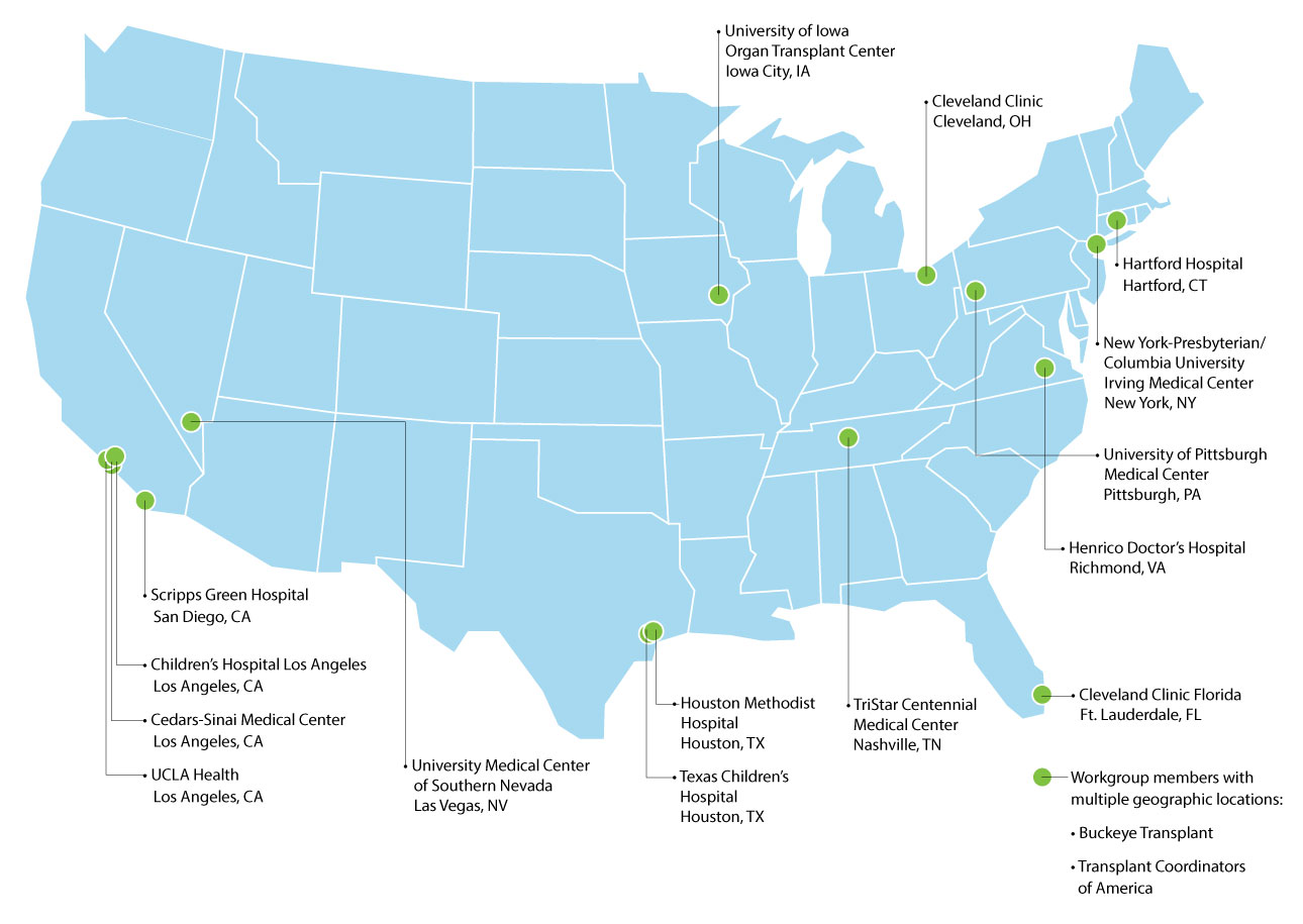 DonorNet-mobile-workgroup-map-rev01 Map of the US with circles indicating the location of the 17 centers that participated in the workgroup