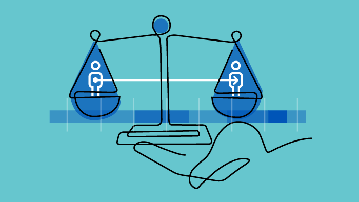 Illustration of hand holding a balanced scale with each side holding an icon of a person. A line connecting the two people to illustrate organ donation