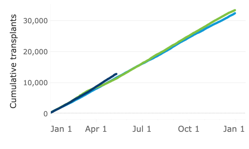 deceased-donor-transplants-051321 Line chart of deceased donor transplants with 2019 as light blue line; 2020 as green line; and 2021 as navy blue line