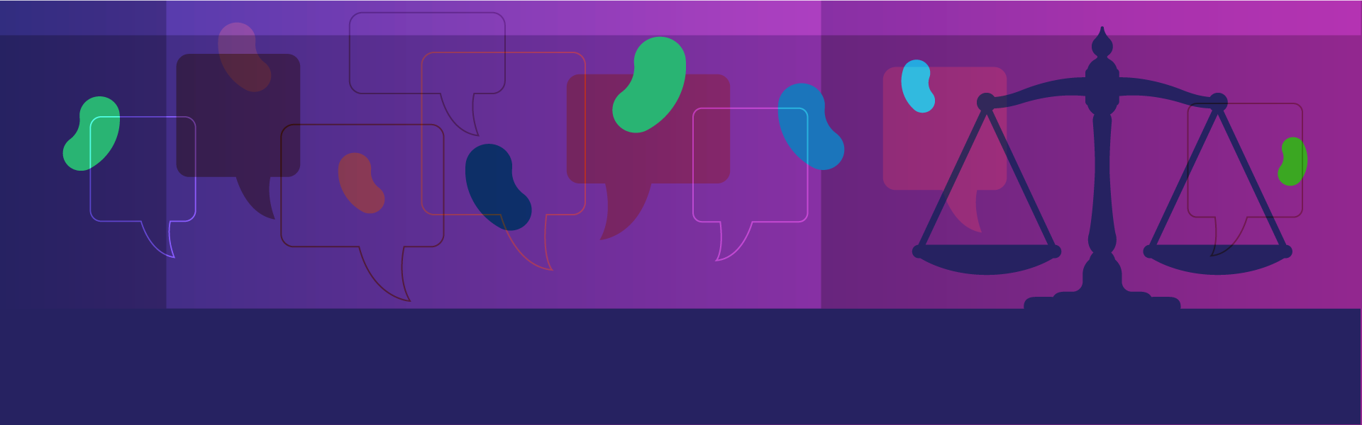 hero-equity-kidney Dark purples and blues illustration of balanced scale with discussion bubbles and icons of kidneys