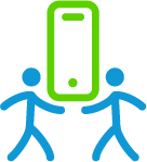 icon-mobile-people Two blue stick-figure people holding up a green mobile phone icon